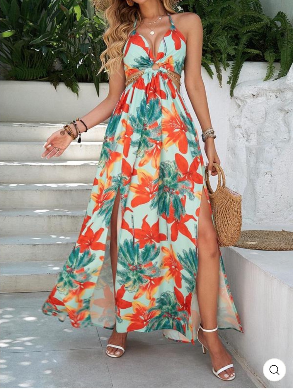 Tropical Floral Halter Maxi Dress Vacation Resort Beach Flowy